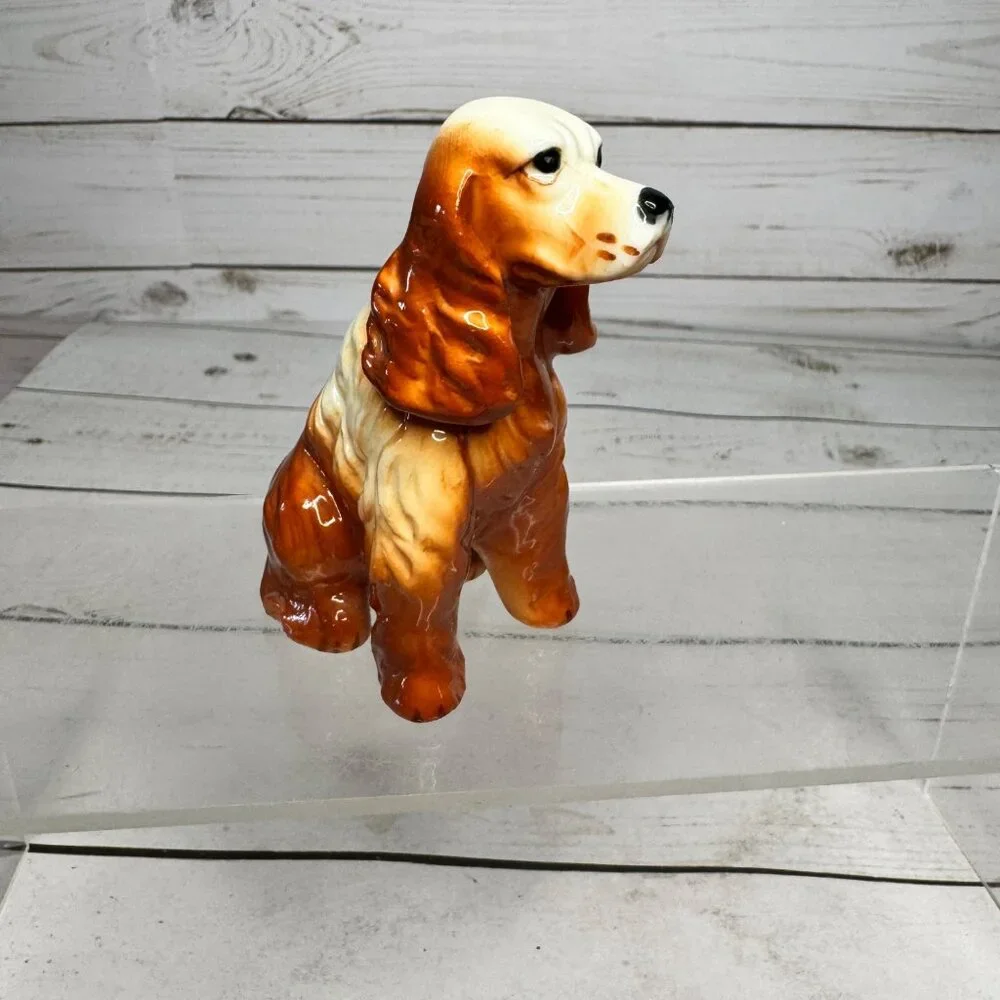 Vintage Ceramic Cocker Spaniel Dog Figurine‎ Brown White Glazed 5